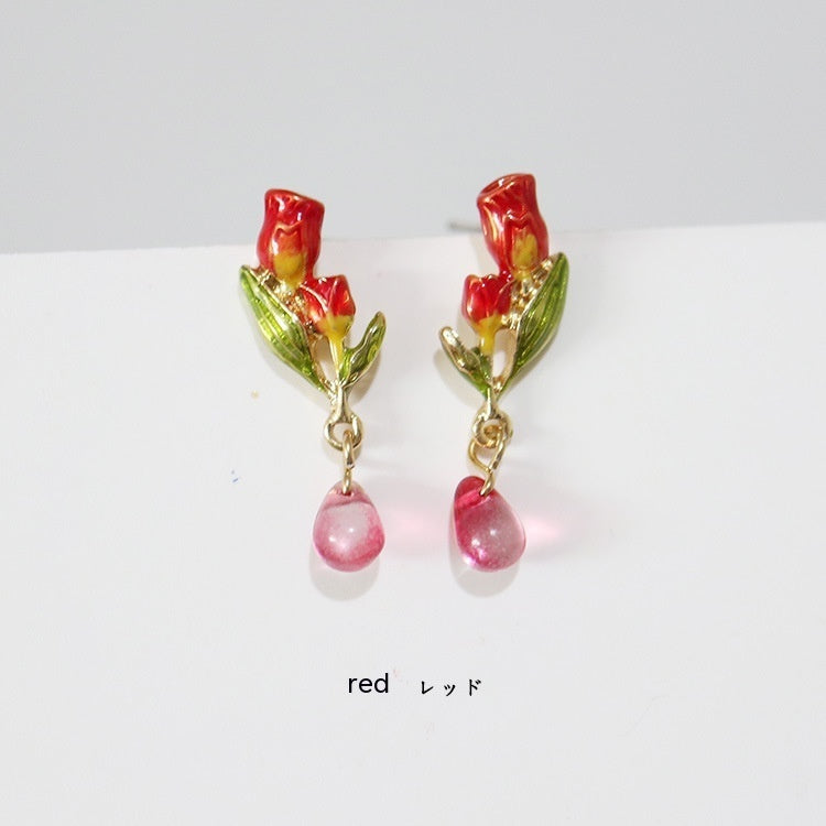 Enamel Dripping Tulip Sterling Silver Needle Earrings
