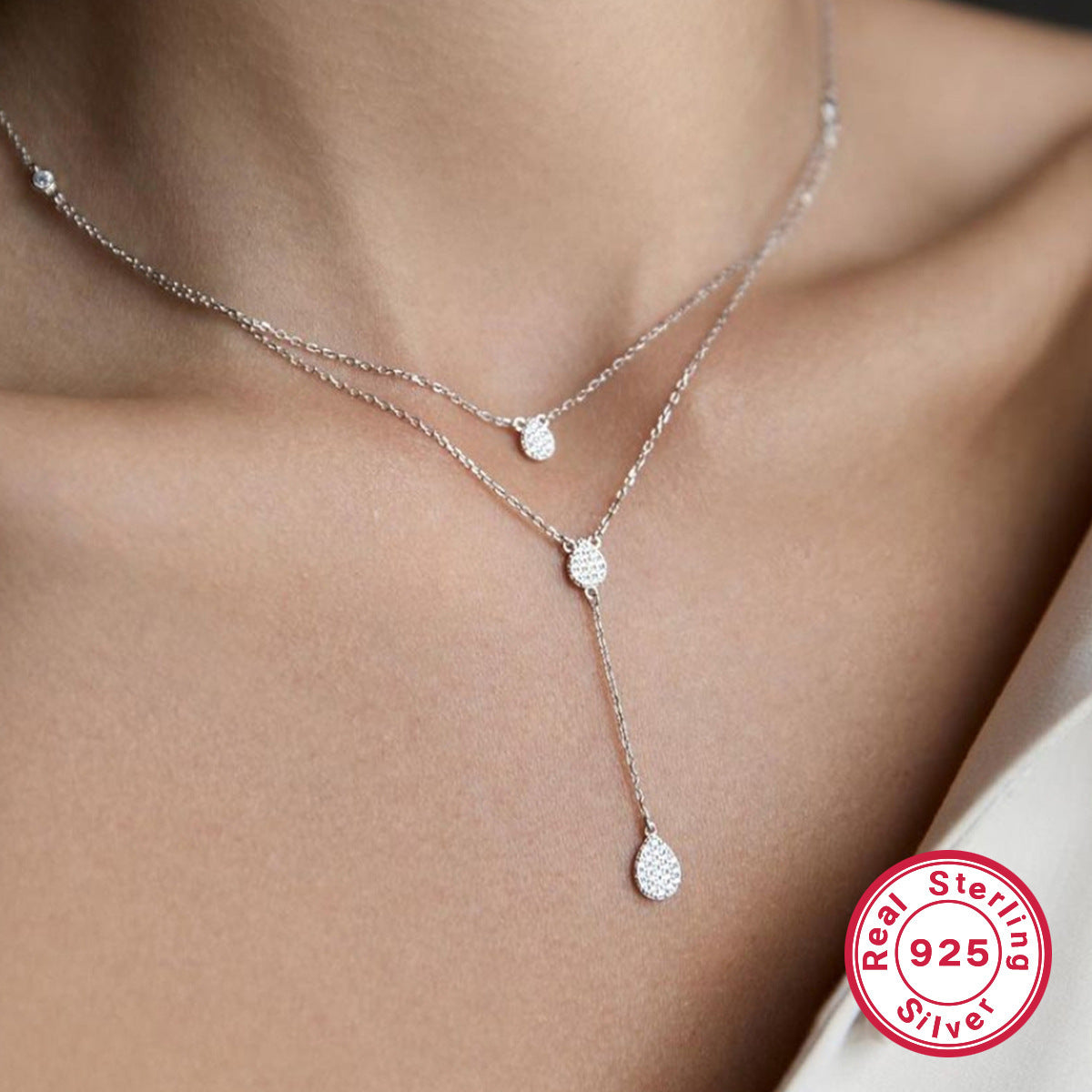 Collar de doble capa con diamantes de gota de agua para mujer, cadena de clavícula de alta calidad, Simple, elegante, de plata 925