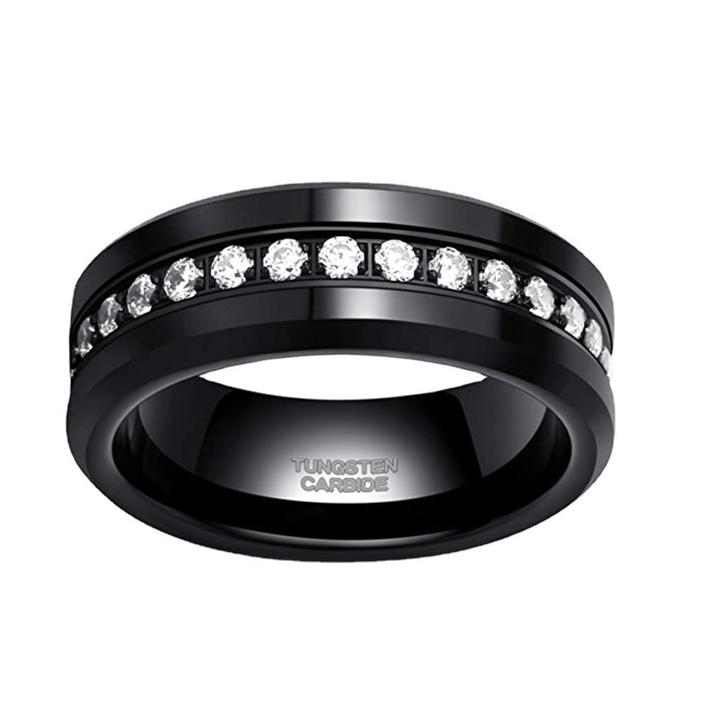 Bague en tungstène argenté unisexe à une rangée de diamants incrustés de pente
