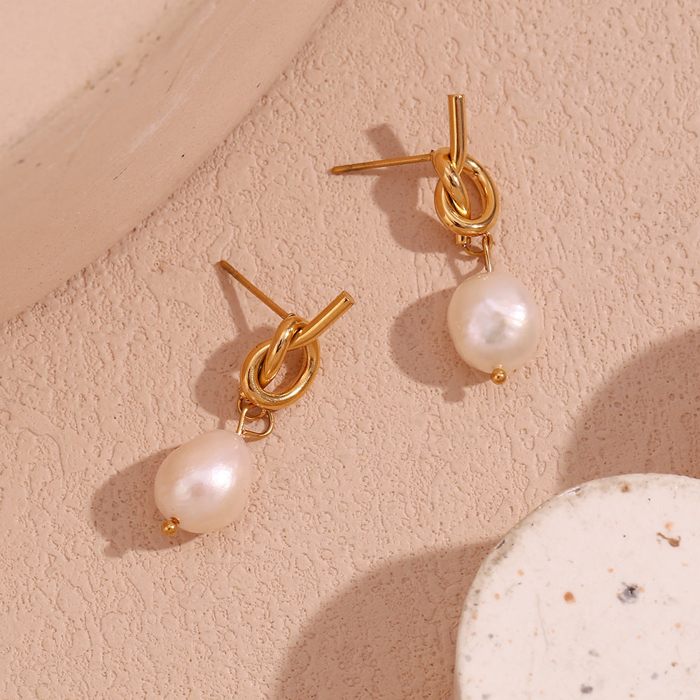 Fashion Stainless Steel 18K Gold Plating Knotted Button Freshwater Pearl Ear Studs