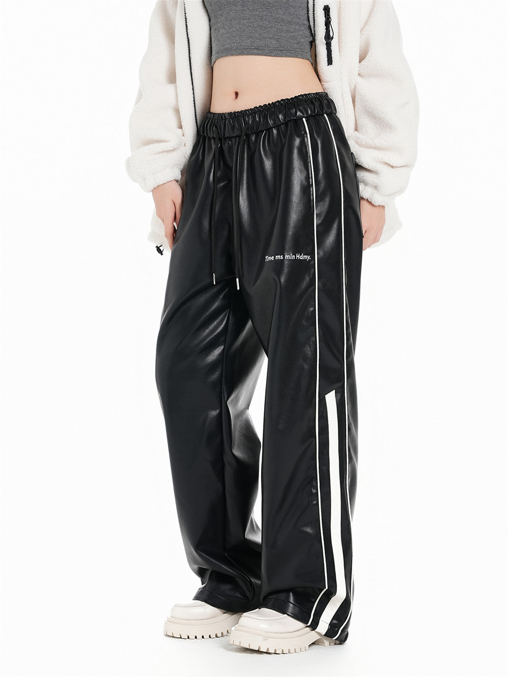 Men's Striped PU Leather Straight-leg Trousers