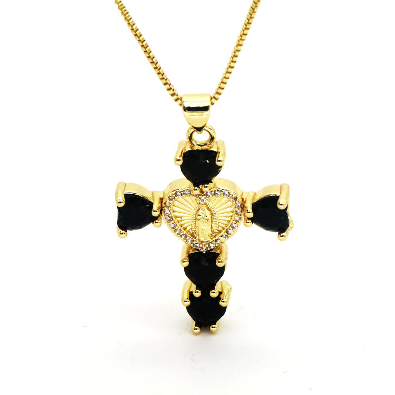 Hip-hop Fashion Inlaid Color Diamond Cross Love Virgin Mary Pendant Necklace For Women