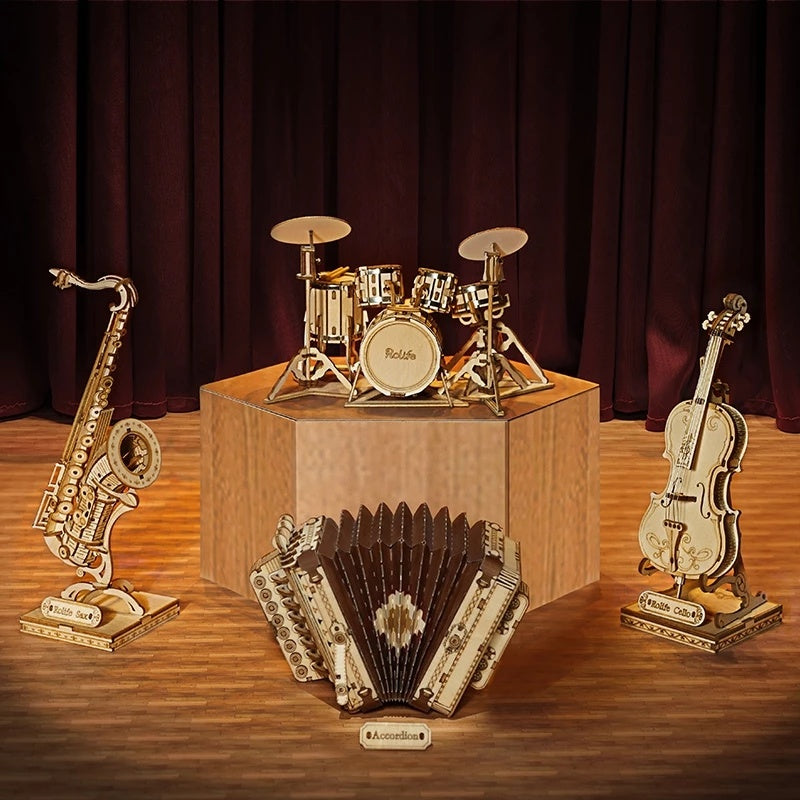 Robotime 4 sortes d'instruments de musique 3D Puzzle en bois bricolage jeu d'assemblage Saxophone batterie Kit accordéon violoncelle jouet cadeau pour les enfants