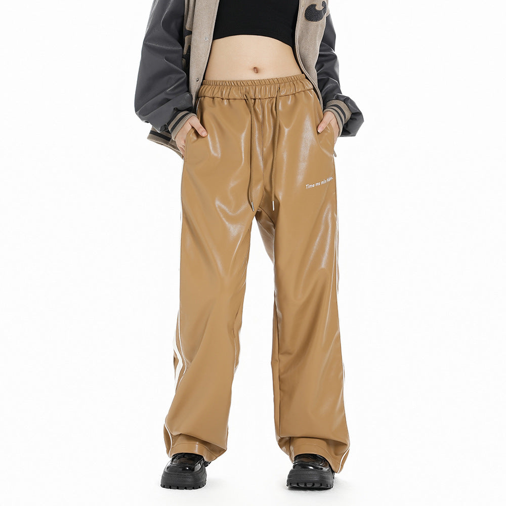 Men's Striped PU Leather Straight-leg Trousers