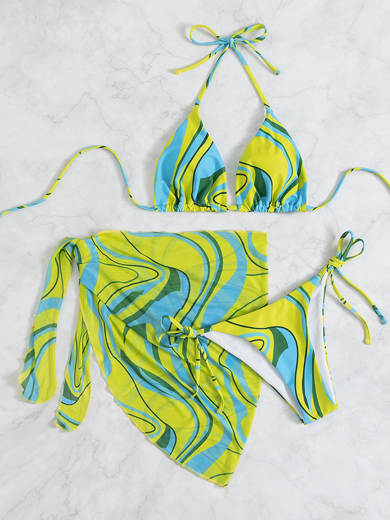 Bikini de playa con espalda descubierta y cuello halter para mujer de tres piezas