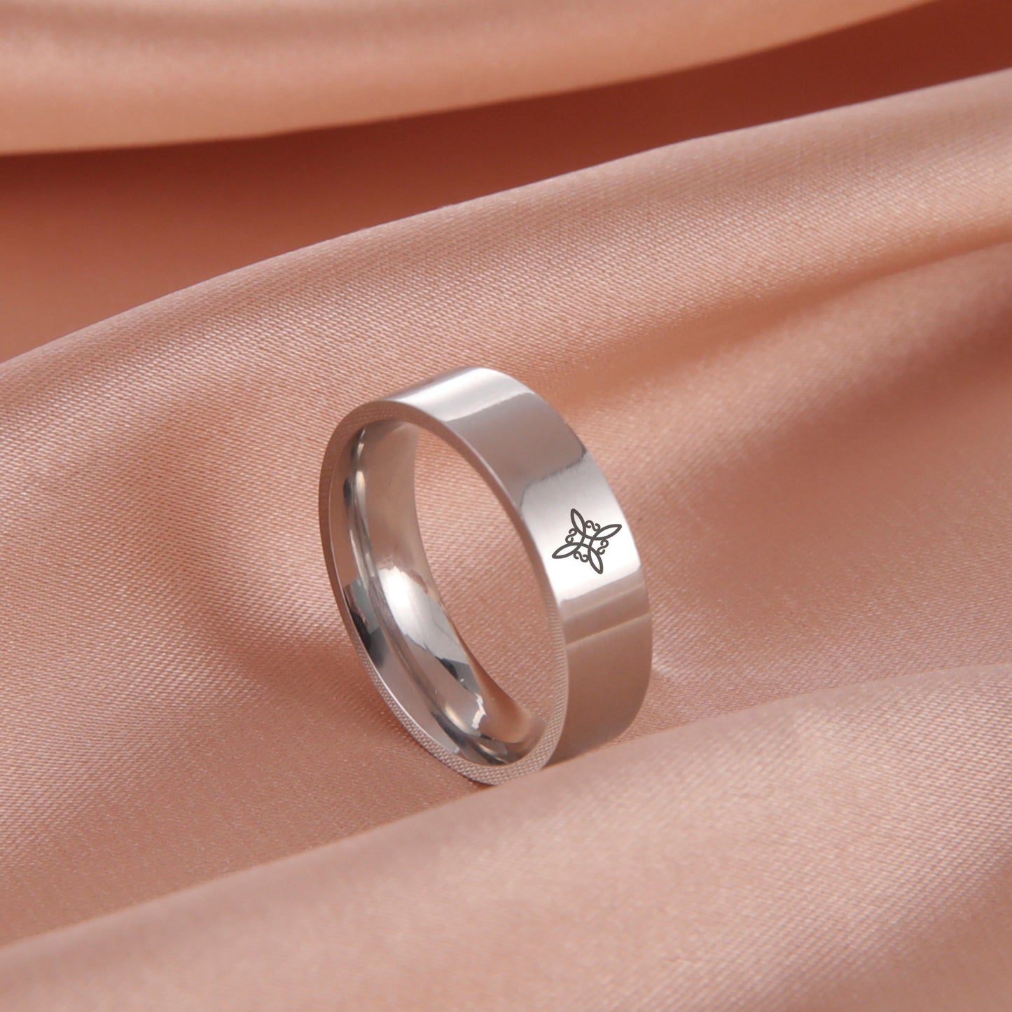 Personalized Simple Stroke Laser Marking Witch Knot S-shaped 2 Ring 8MM Wide Stainless Steel Ring