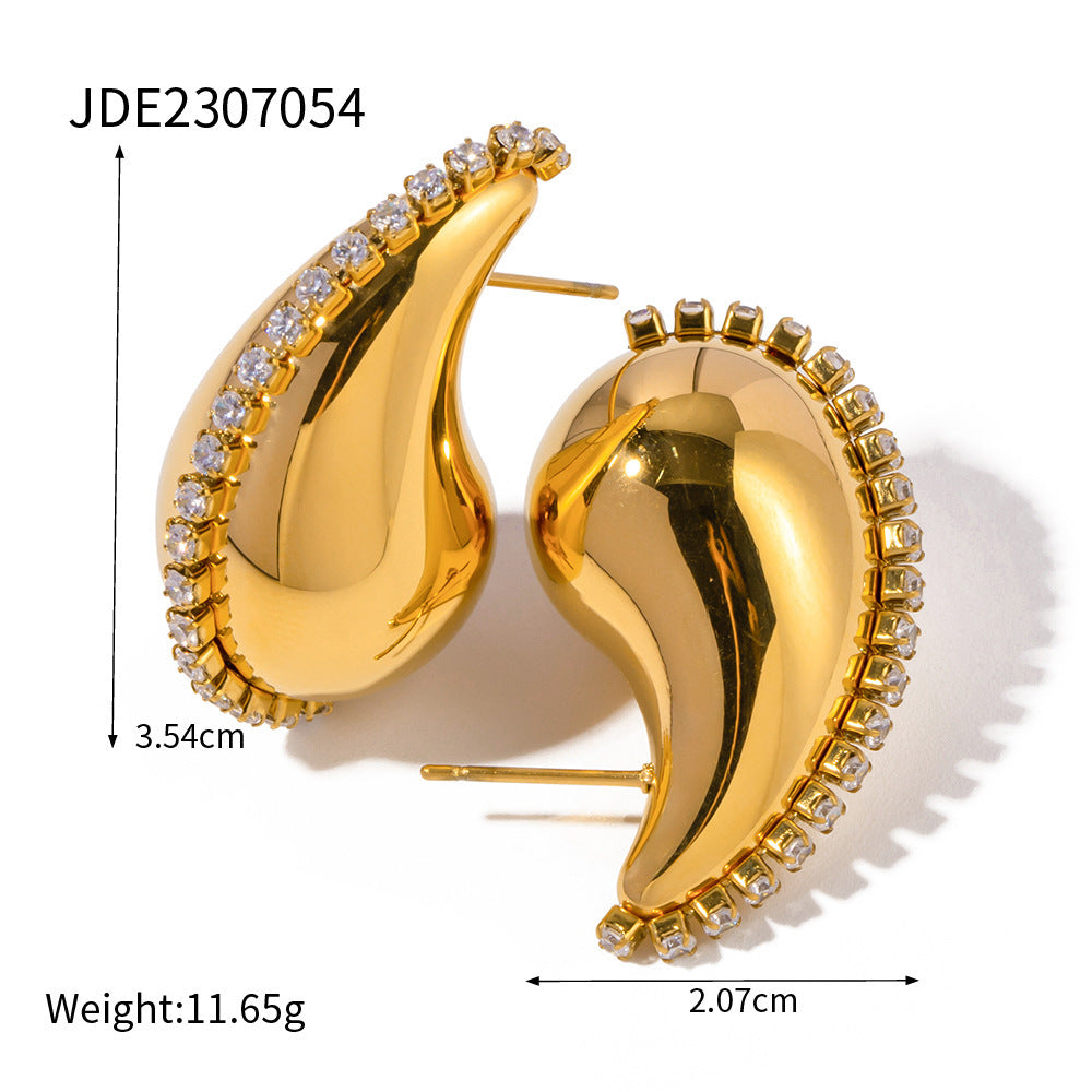 18K Gold Water Drop Titanium Steel Inlaid Zircon Earrings