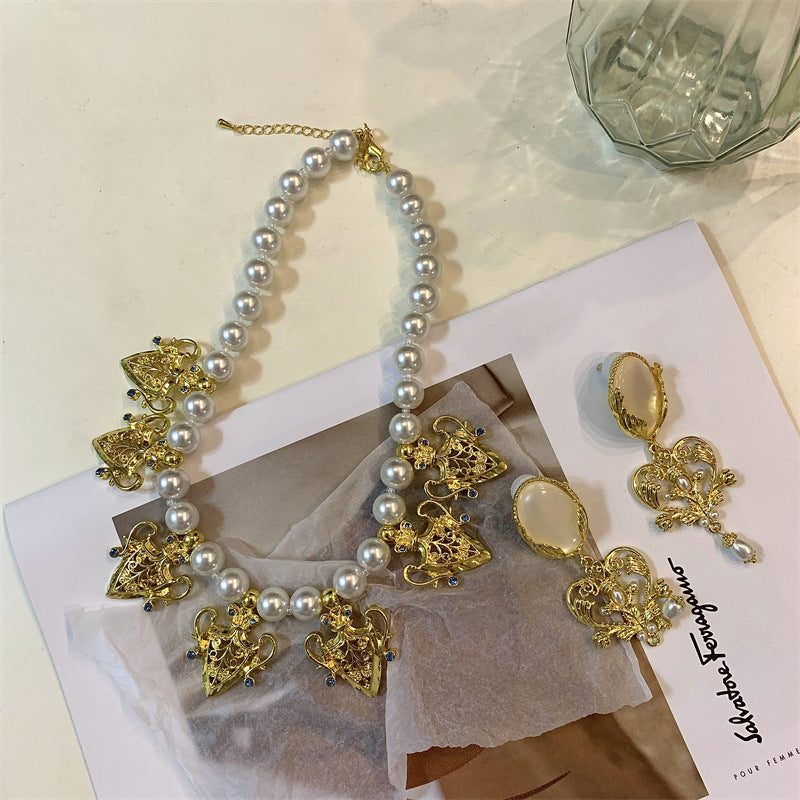 Cour Vintage Gravure Métal Strass Perle Boucles D'oreilles Femme