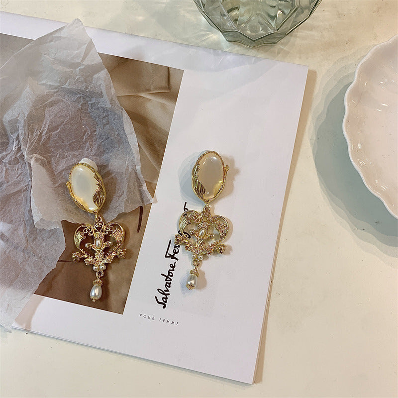 Cour Vintage Gravure Métal Strass Perle Boucles D'oreilles Femme