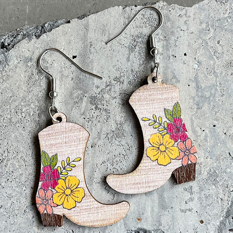 Western Denim Boots Floral Ethnic Style Wooden Vintage Floral Autumn Leaf Earrings
