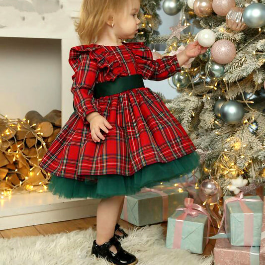 Robe de Noël rouge à carreaux et nœud pour filles
