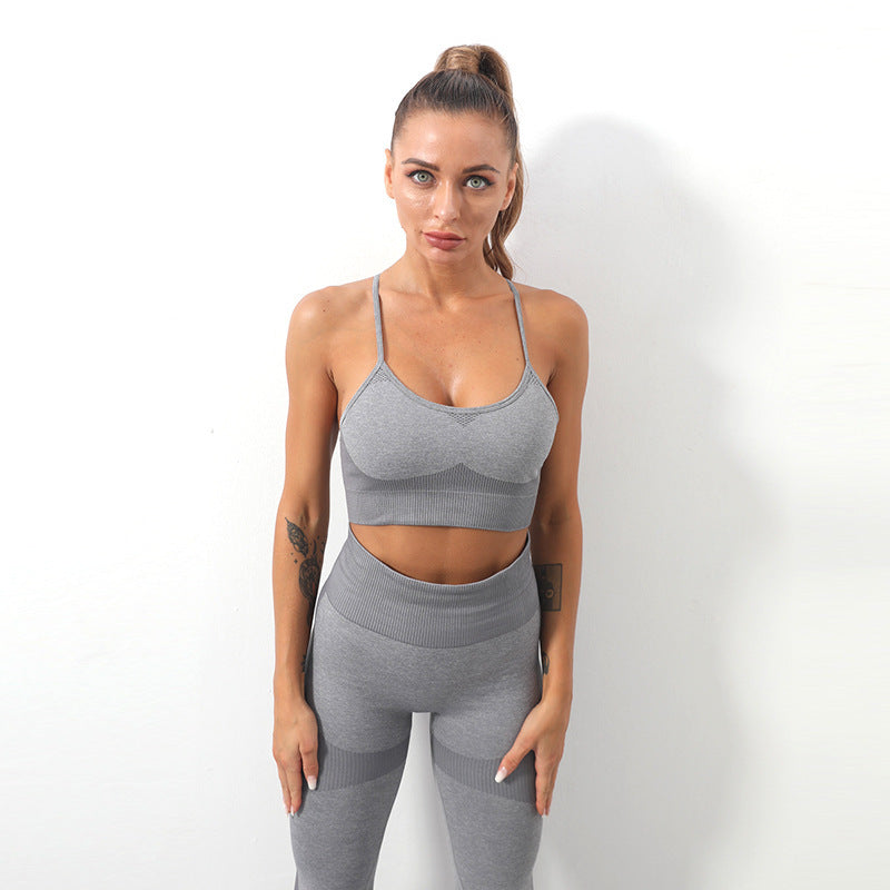 Traje de yoga con sujetador deportivo y tirantes de punto sin costuras para mujer
