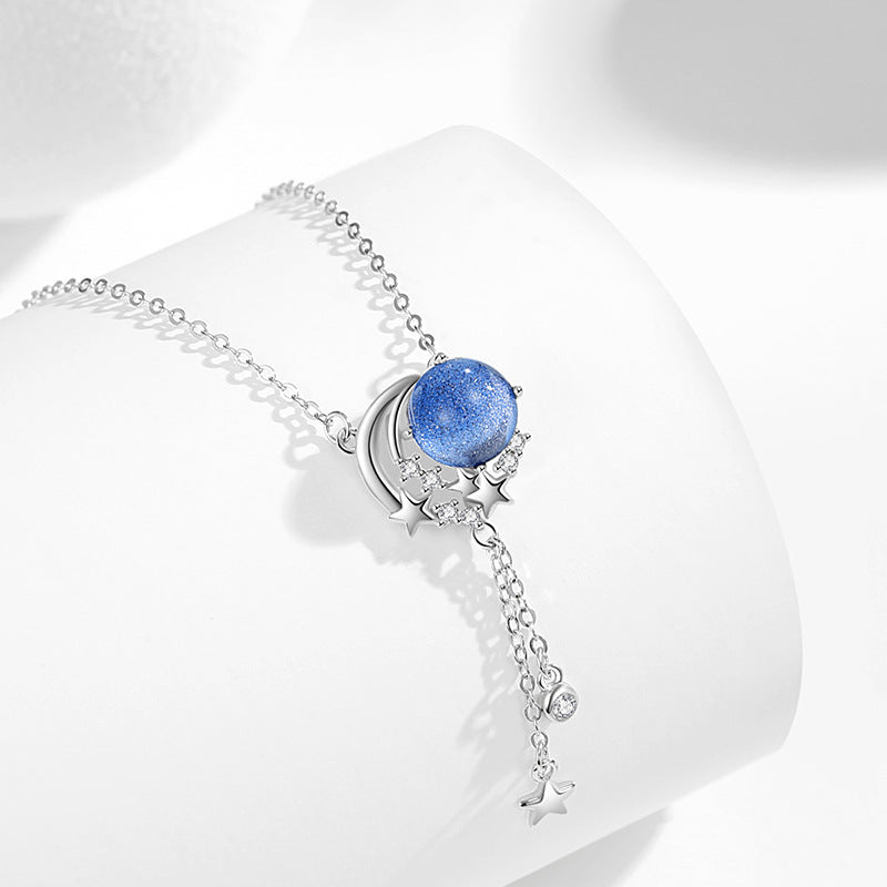 Sterling Silver S925 Simple Niche Design Glazed Stone Clavicle Chain Ins Style Moon Pendant