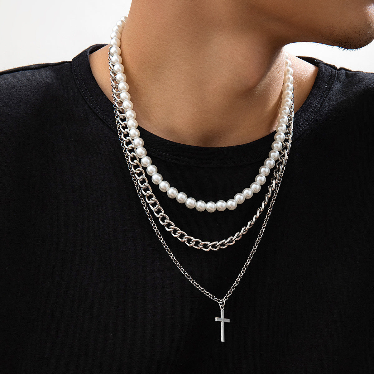 Collier Hip Hop Hipster européen avec croix de perles