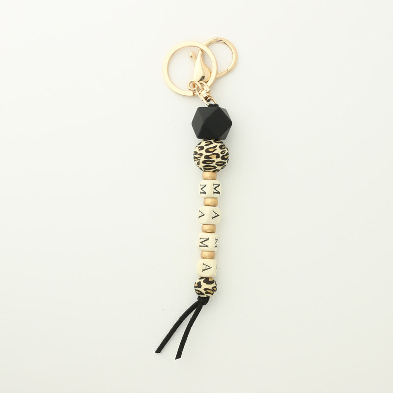 Letter Wood Wafer Silicone Bag Pendant Leopard Chain Keychain