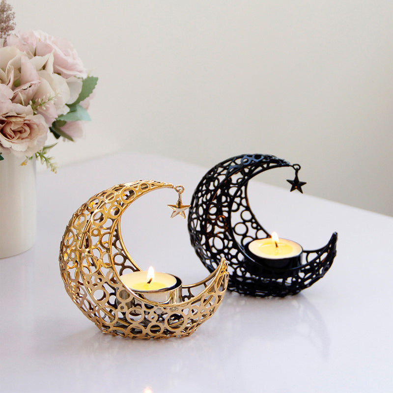 Luz de lujo luna creciente estrella Luna negro oro portavelas de Metal moderno romántico boda Navidad vela taza decoración del hogar