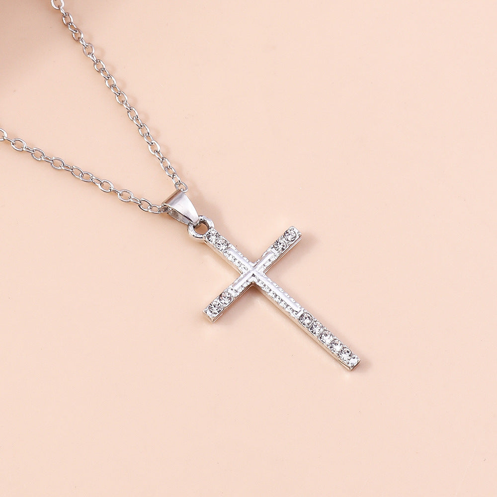 Fashion Simple Women's Diamond Spot Drill Hollow Cross Sweater Chain Necklace
