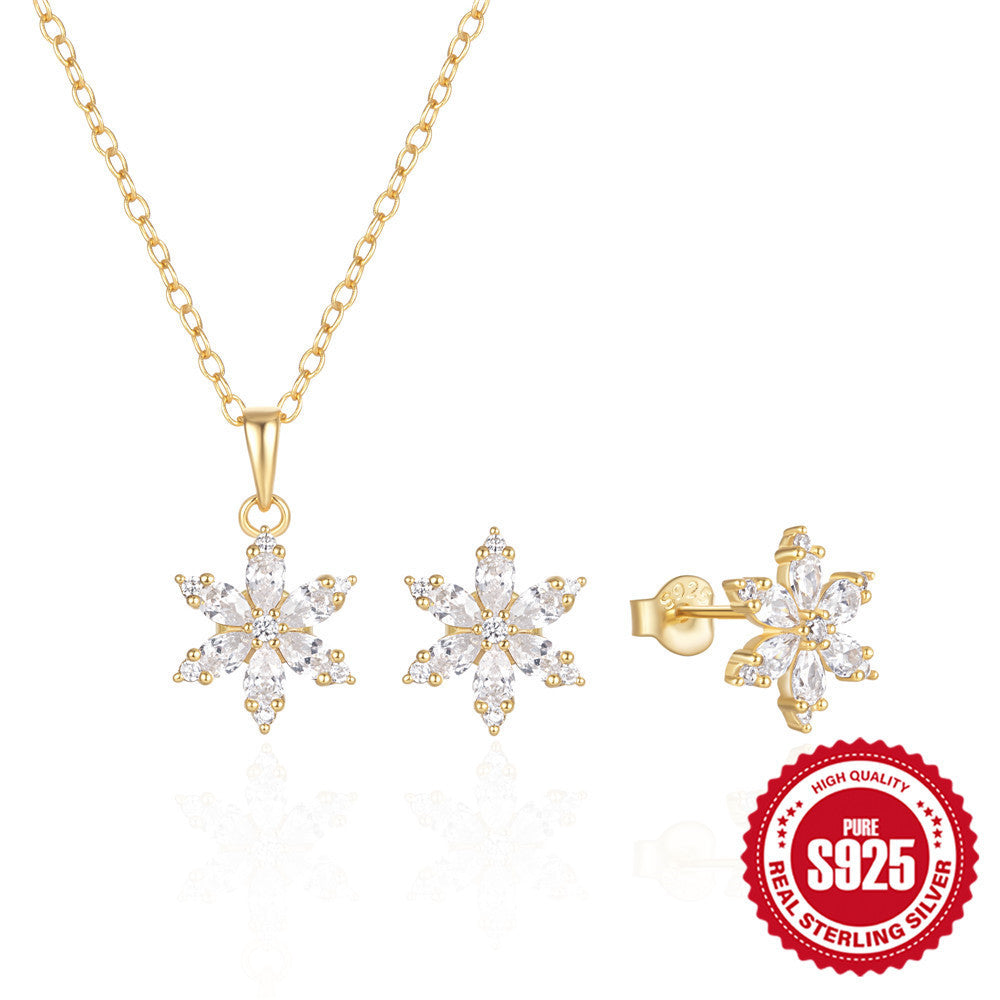 Sterling Silver Crystal Snowflake Ear Stud Necklace Suit