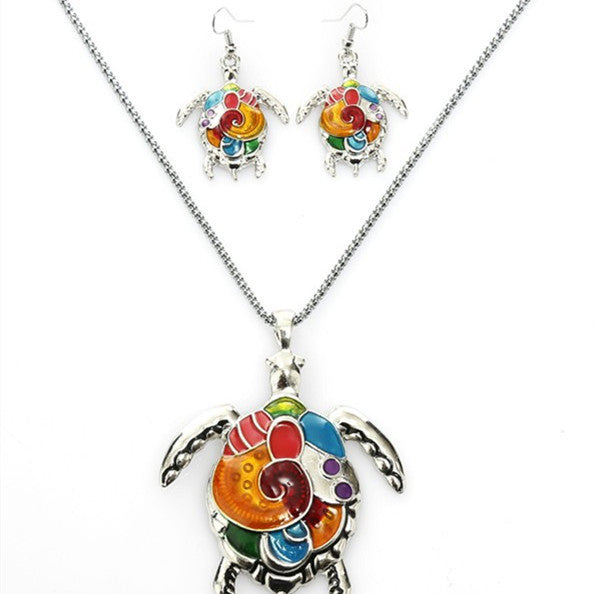 Collier et boucles d'oreilles en forme de tortue arc-en-ciel, style Punk, à la mode, haut profil, goutte d'huile, suite