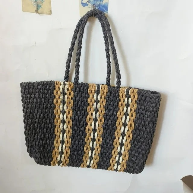 Bolso de mano de paja tejido con cremallera grande, bolso de compras informal de hombro grande para mujer