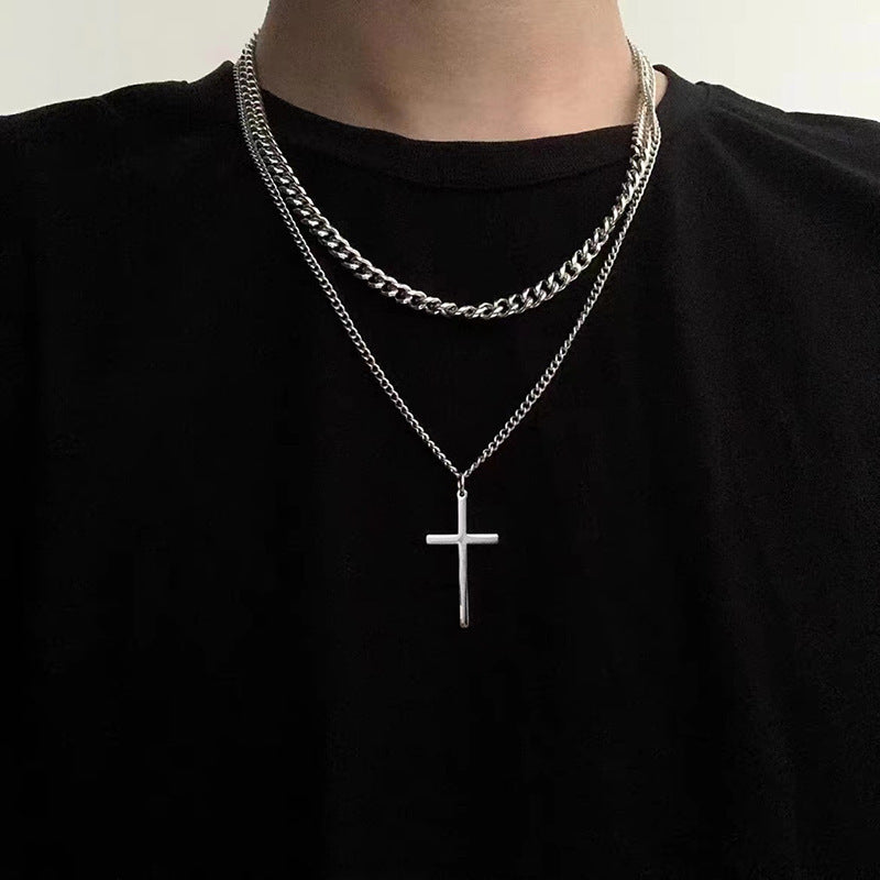 Collier croisé double couche en acier titane pour hommes cubains