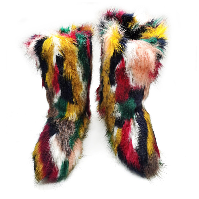 Bottes de neige en peluche pour femmes, bottes mi-hautes plates de couleur grande taille