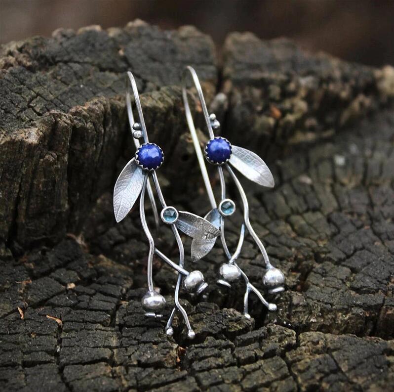 Boucles d'oreilles Vintage Branches de vigne, feuilles simples européennes et américaines, perles en pierre bleue, crochets d'oreille