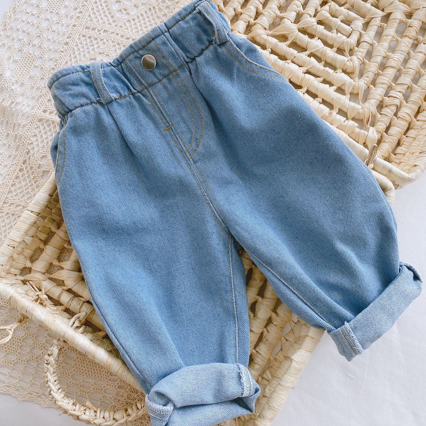 Jean doux décontracté à taille haute pour bébé, couleur unie