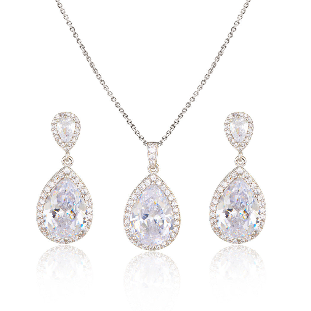 Collar de gotas de agua de circón grande brillante, traje con gotas para los oídos, joyería de boda para novia, Simple y elegante