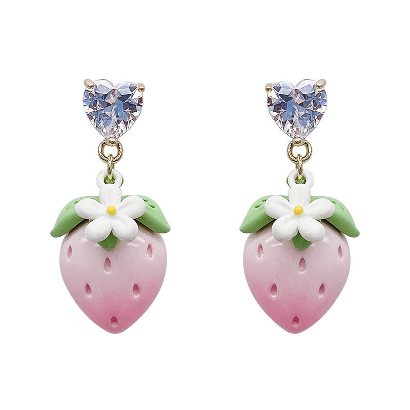 Boucles d'oreilles en argent plaqué or véritable, strass, Zircon, peinture en aérosol, amour fraise