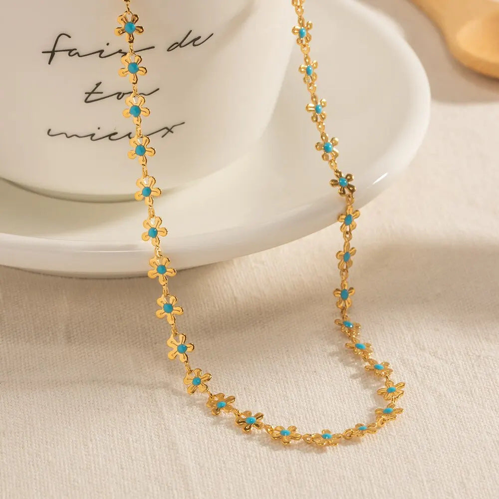 Gold Blue With Flowers Drop Oil Necklace Titanium Steel