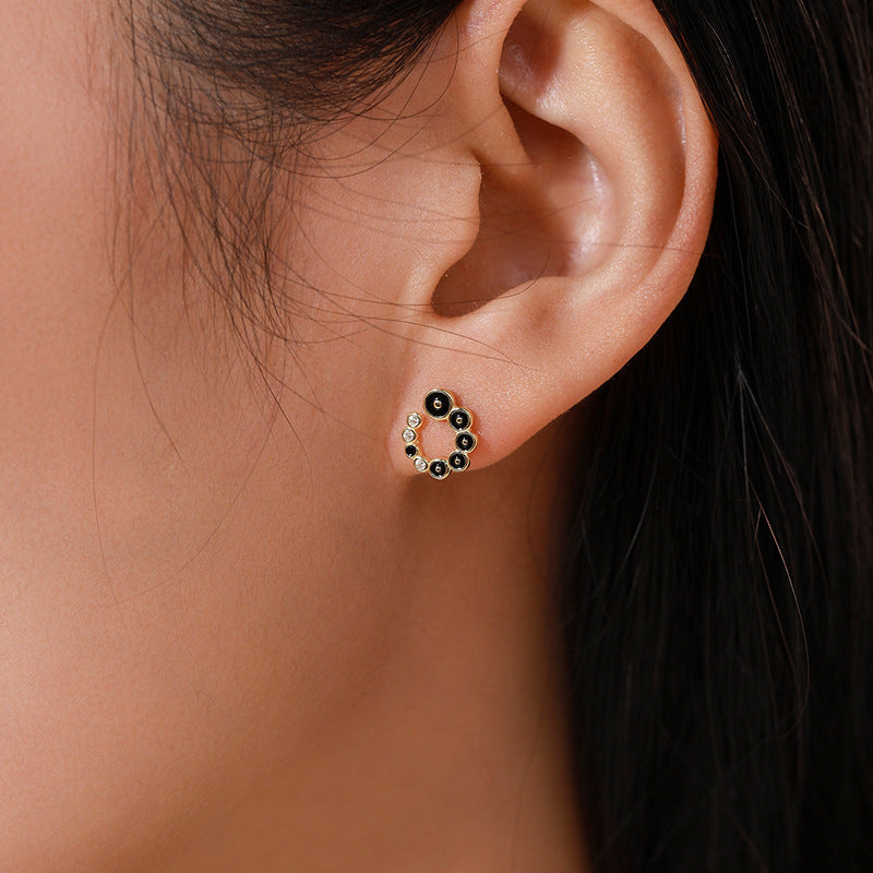 S925 Silver Black Round Micro Zircon-encrusted Stud Earrings