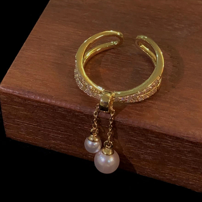 Anillo de doble capa con borla de circón y perla barroca galvanizada
