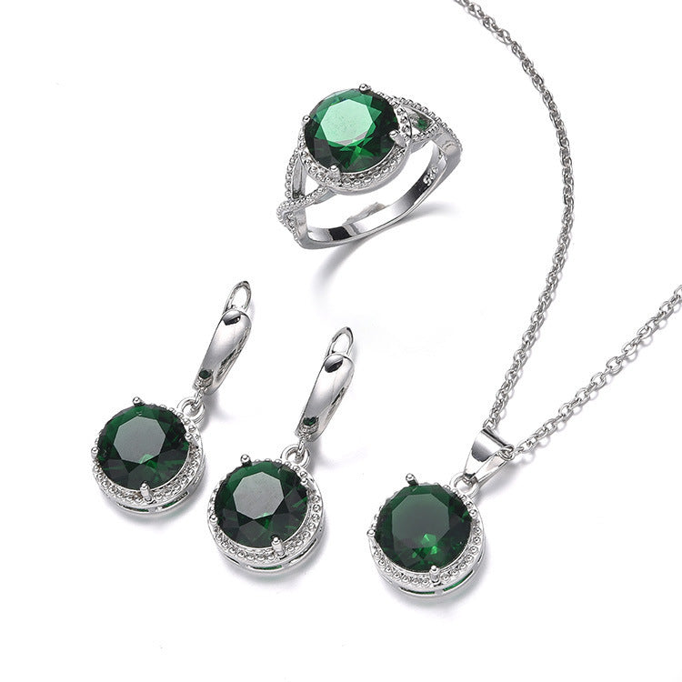 Women's Zircon Necklace Earring Ring Three-piece Set Simple Round