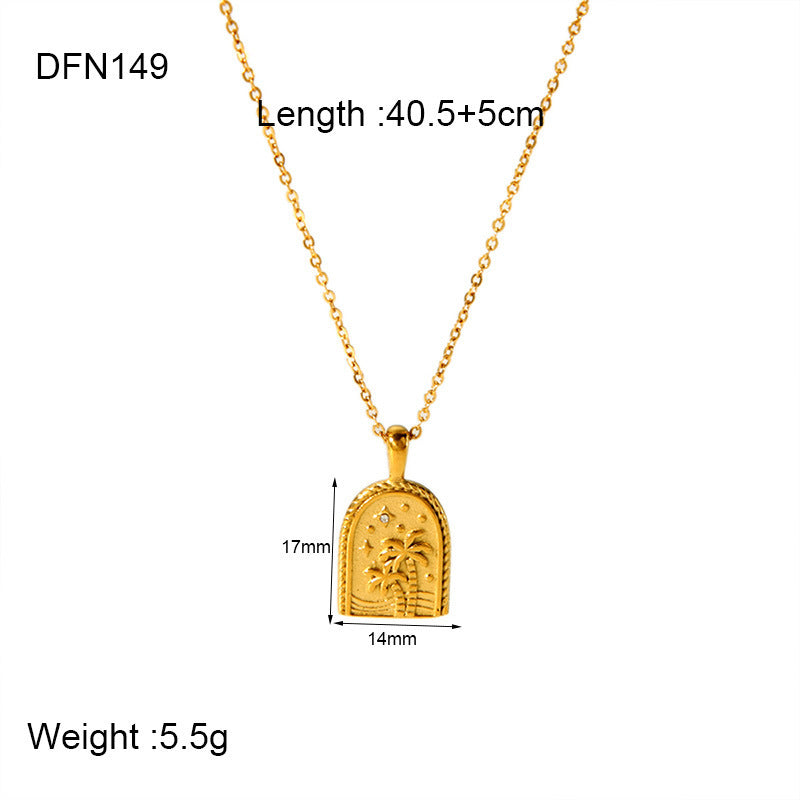 Collier pendentif géométrique en forme de cœur et de palmier en acier inoxydable en or 18 carats