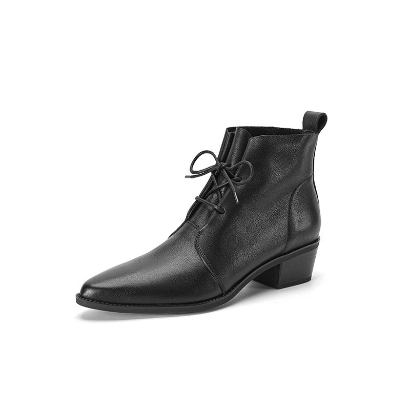 Bout pointu dentelle talon épais talon moyen cuir de vache bottes martin