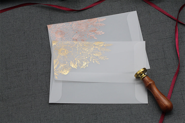 Carte d'invitation en papier acide sulfurique, vernis mat bronzant