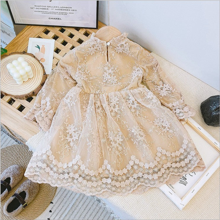 Robe à manches longues en velours et dentelle avec nœud papillon pour enfants, nouvelle collection
