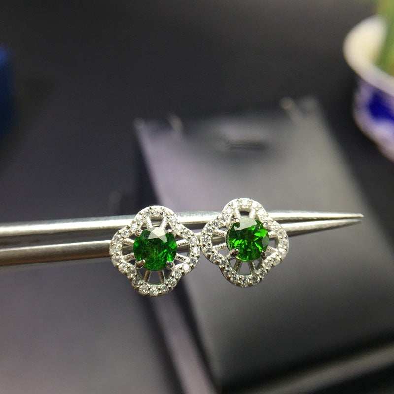 Boucles d'oreilles à tige en argent 925 avec émeraude diopside incrustée