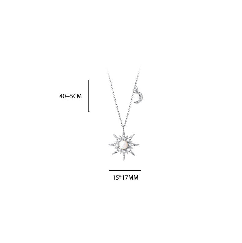 S925 Sterling Silver Eight Awn Star Moon Tooth Opal Stone Necklace