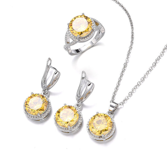 Women's Zircon Necklace Earring Ring Three-piece Set Simple Round