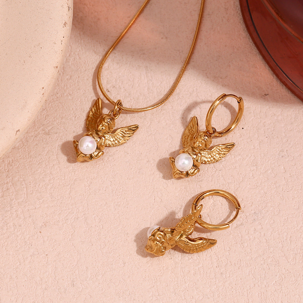 Collier élégant Vintage en acier titane plaqué or 18 carats, Mini collier d'ange en perles, boucles d'oreilles
