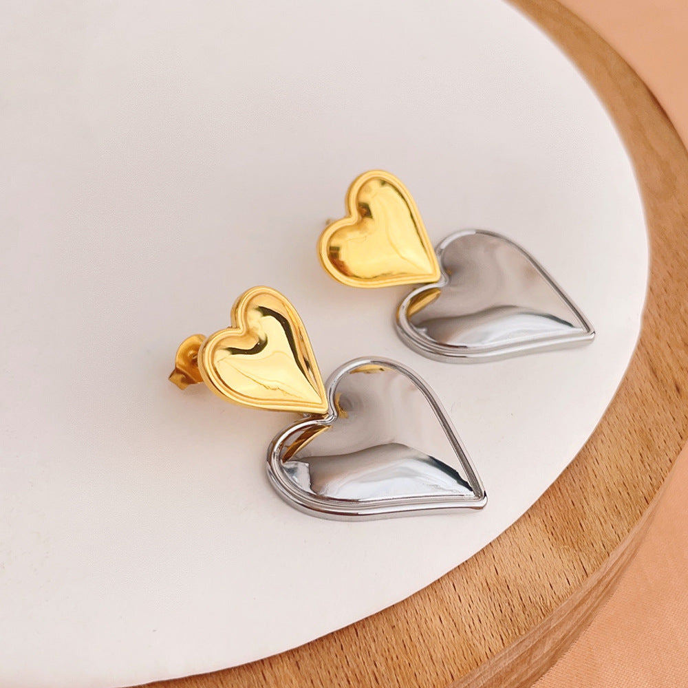 18K Gold Stainless Steel Heart-shaped Gold And Silver Color Matching Earrings