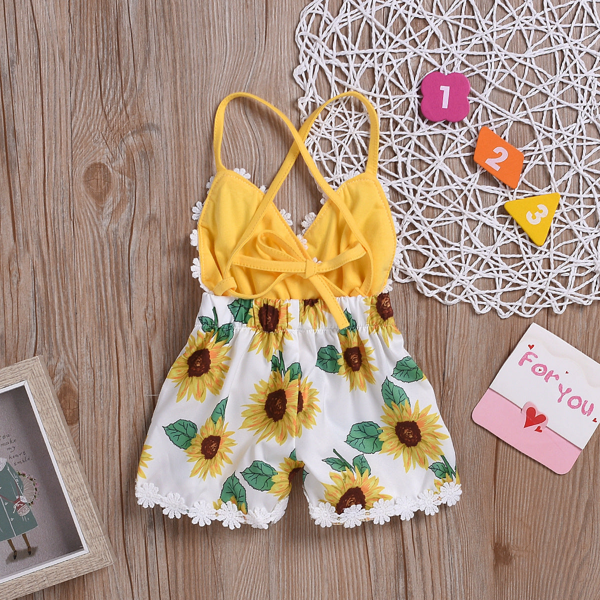 Ropa para niños Monos para bebés y niñas Mono de encaje con tirantes de girasol para niños
