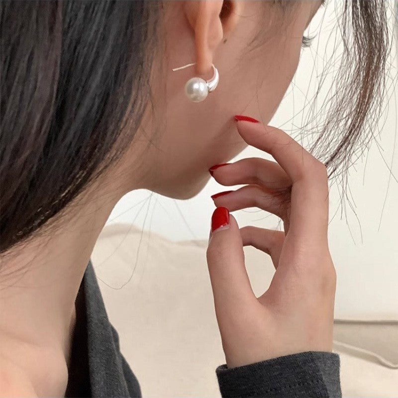 925 Sterling Silver Needle Pearl Stud Earrings Women's All-match Refined Simple