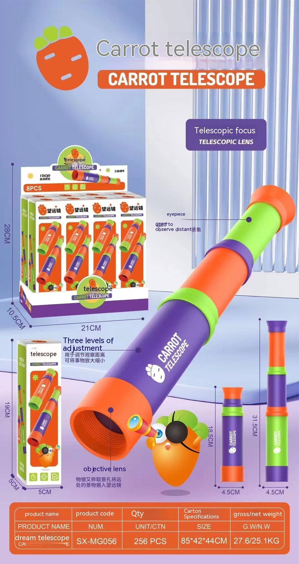 Télescope monoculaire à 3 sections, jouets à mise au point réglable