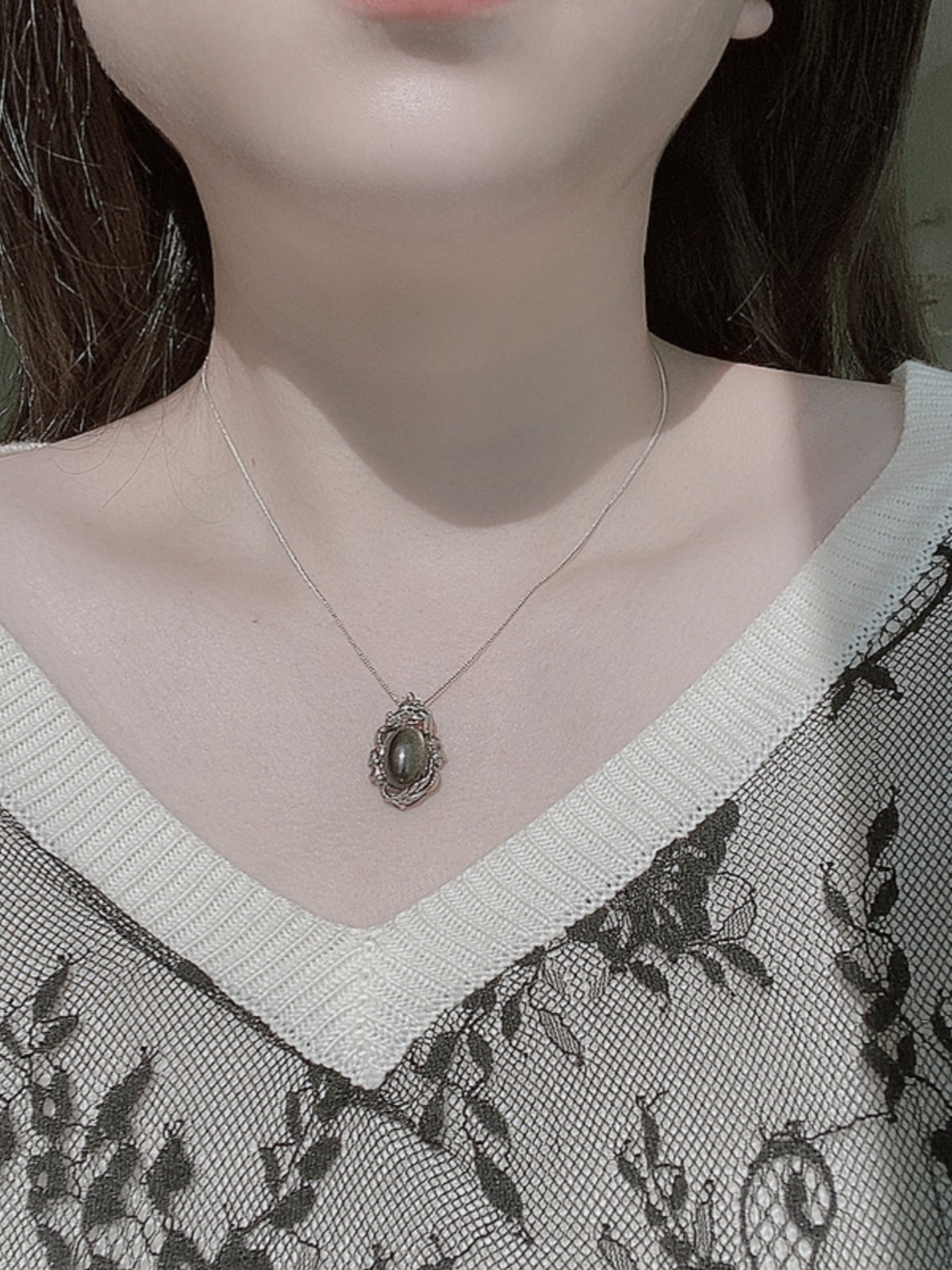 925 Thai Silver Natural Obsidian Pendant Necklace