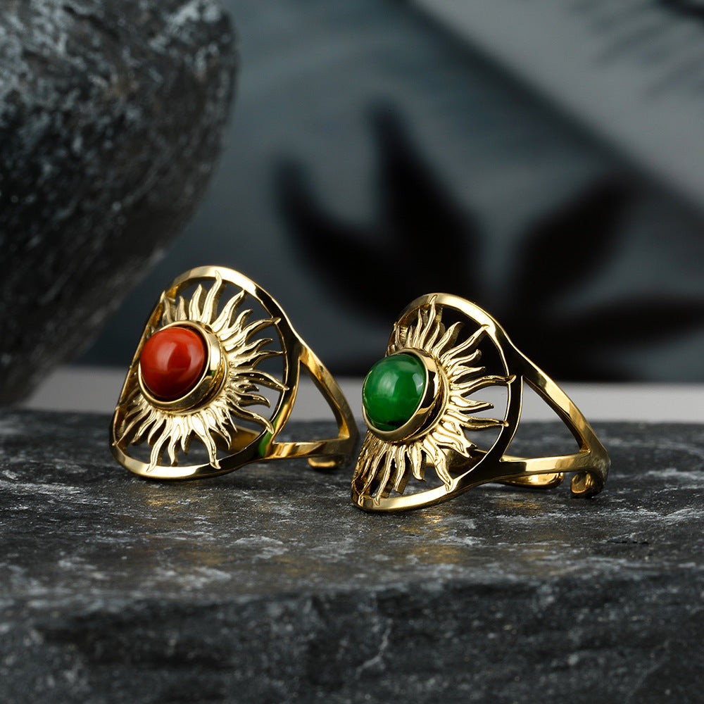Anillo de acero de titanio con girasol hueco femenino ajustable de acero inoxidable
