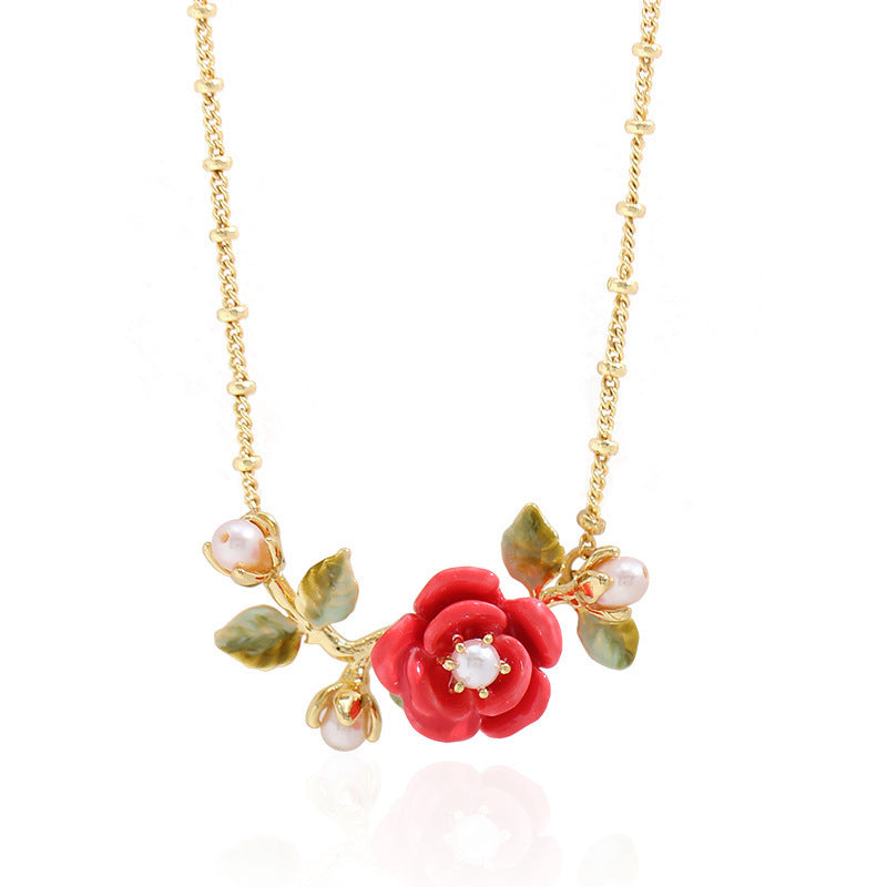 Boucles D'oreilles Corolle Rose Fleur Rouge Corail Perle Branches Et Feuilles Or