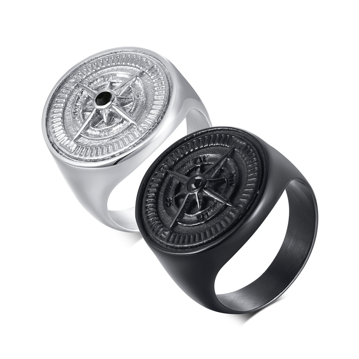 Anillo de fundición de brújula redonda elegante de acero inoxidable negro para hombres